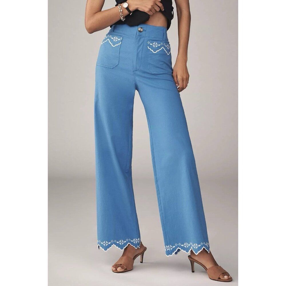 Anthropologie MAEVE Colette Lace Trim Full-Length Wide-Leg Pants Womens 32 Blue